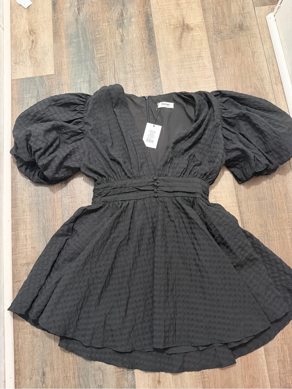 Showpo Black Textured Puff Sleeve Mini